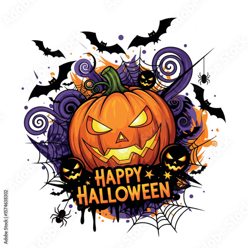 pumpkin, creepy, illustration, witch, orange, banner, black, cartoon, horror, cemetery, vector, dark, design, ghost, house, holiday, trick, moonlight, party, card, poster, evil, autumn, october, silho