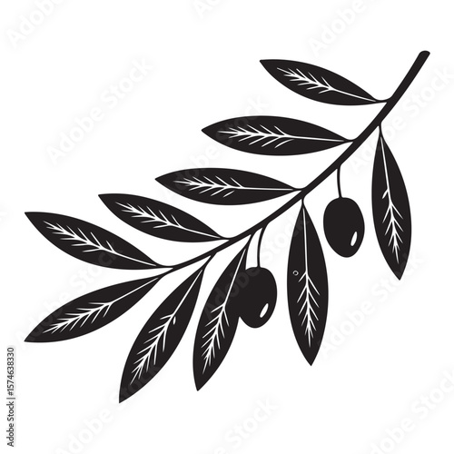 Black and white silhouette of an olive branch with leaves and olives on a white background