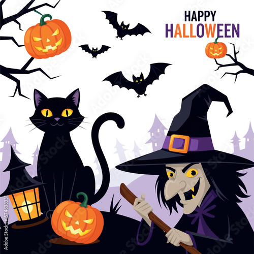 pumpkin, creepy, illustration, witch, orange, banner, black, cartoon, horror, cemetery, vector, dark, design, ghost, house, holiday, trick, moonlight, party, card, poster, evil, autumn, october, silho