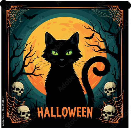 pumpkin, creepy, illustration, witch, orange, banner, black, cartoon, horror, cemetery, vector, dark, design, ghost, house, holiday, trick, moonlight, party, card, poster, evil, autumn, october, silho