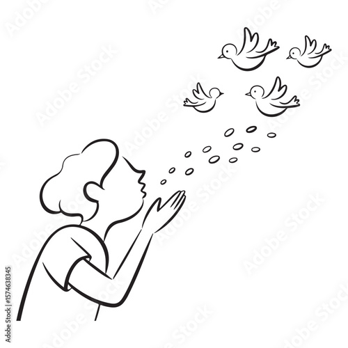 Stylized line drawing of a person blowing seeds into the air which transform into flying birds