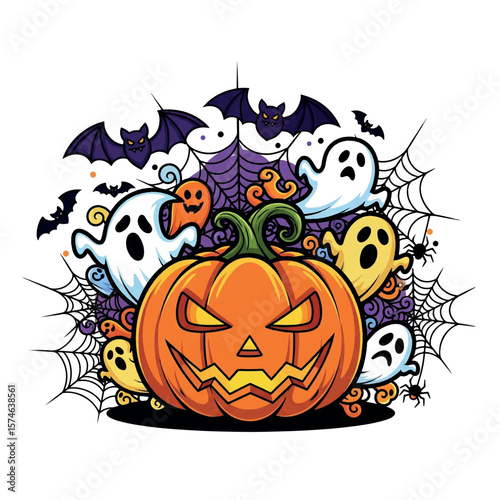 pumpkin, creepy, illustration, witch, orange, banner, black, cartoon, horror, cemetery, vector, dark, design, ghost, house, holiday, trick, moonlight, party, card, poster, evil, autumn, october, silho