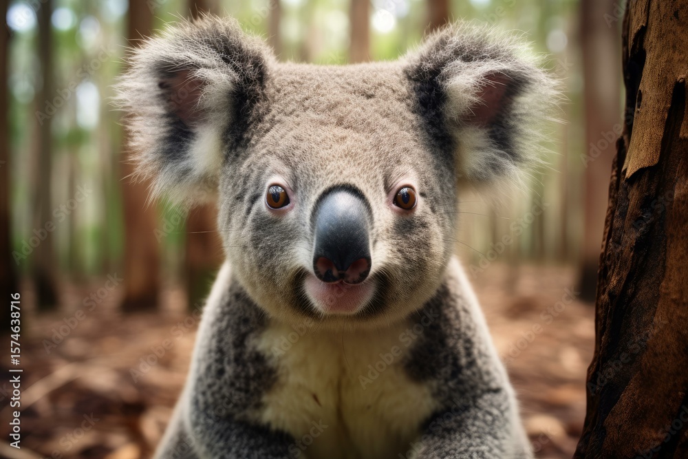 Fototapeta premium Koala sitting in eucalyptus forest looking forward
