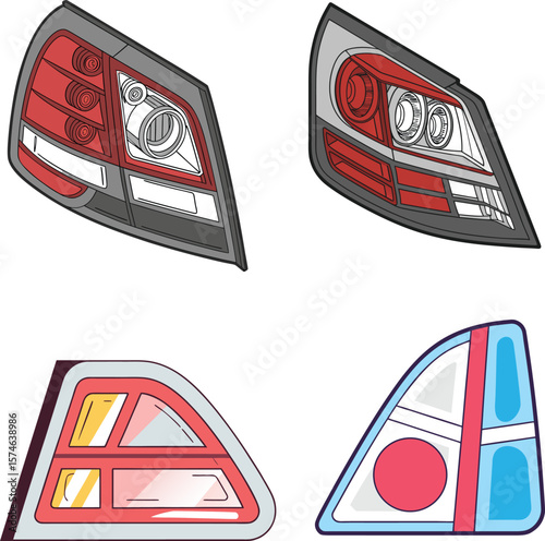 3D Vector Illustration of Modern Car Taillight Units – Isometric Rear-Side View with LED Strips. 