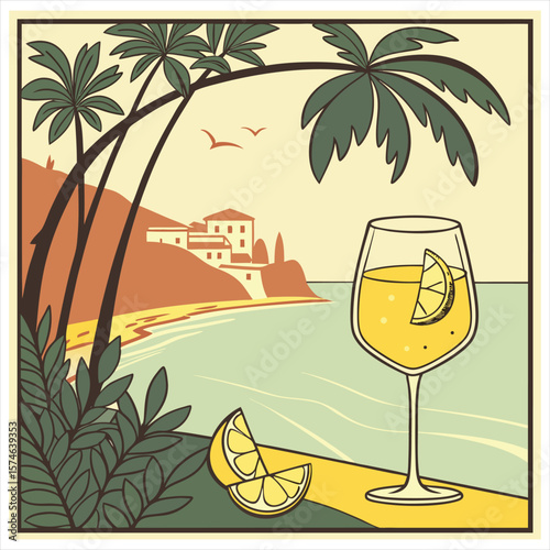 Tropical beach with palm trees and turquoise ocean waves in a stylized illustration