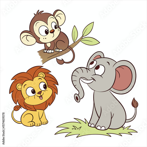 Cute cartoon baby lion elephant and monkey friends in the jungle