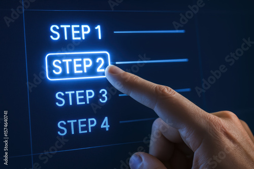 A digital interface highlights progression as an index selects the current step symbolizing advancement and focus in workflow management