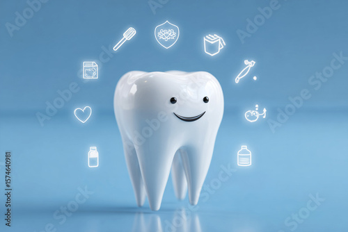 Smiling tooth promotes dental care on blue background. Concept for marketing, health campaigns, web design.