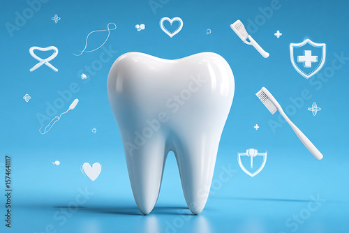 Tooth hygiene concept presents sparkling white tooth, dental icons, toothbrushes. For marketing, web, design, editorial use.