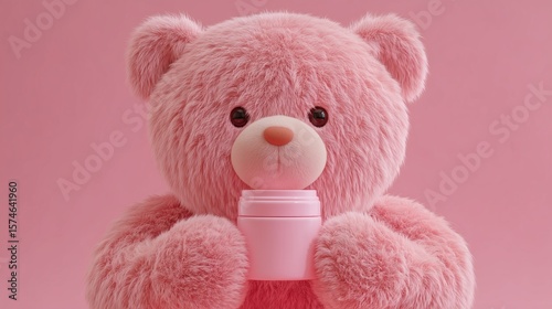 giant pink teddy bear holding cosmetic jar on pale pink background