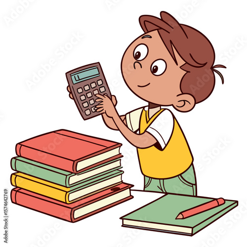 Boy using calculator next to stack of books and another book with a pencil on top is visible