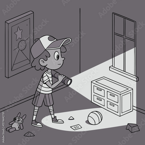 A young boy with a flashlight explores a darkened room with toys and a dresser near a window frame