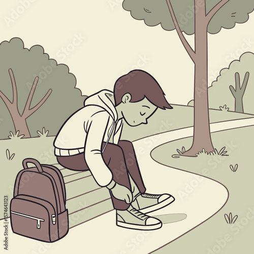 Boy sitting on bench tying shoelaces with backpack beside him in a park on a cloudy day illustration