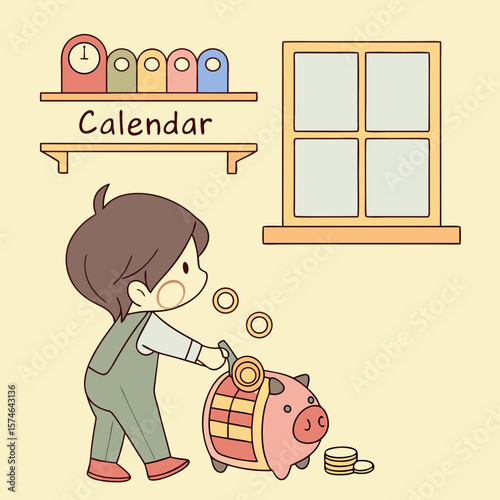 Illustration of a child putting coins into a piggy bank with a calendar and window in the background