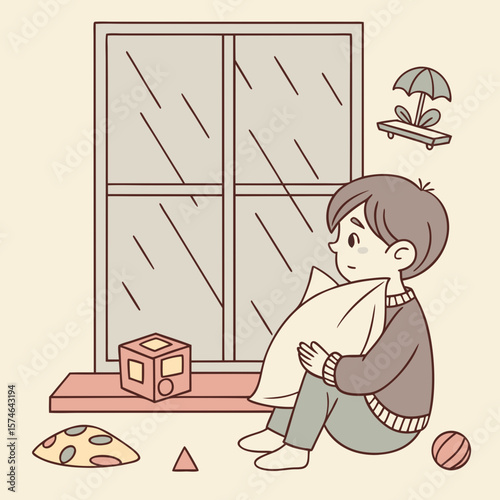 A boy sitting by the window hugging a pillow with toys around him on a rainy day looking outside quietly