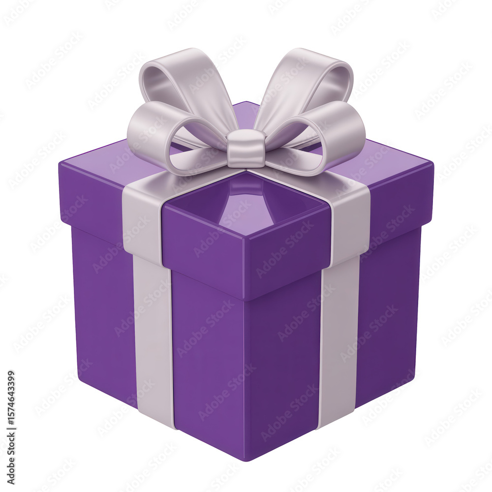 Obraz premium PNG purple box gift, bow, holiday present, 3D render, octagonal shape, highly detailed, photorealistic, cinematic lighting, studio shot 