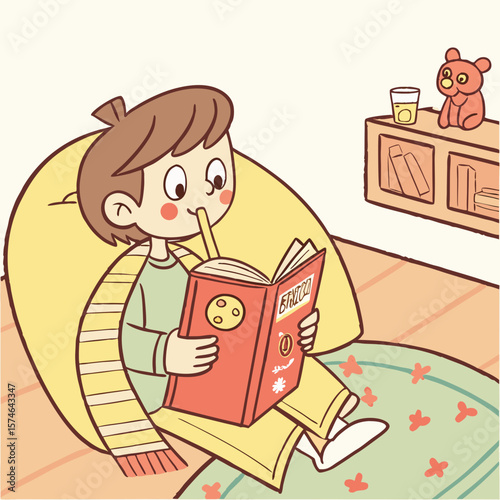 A young boy reading a book while sitting on a beanbag chair with a teddy bear on a shelf nearby him