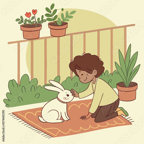 Illustration of a child petting a white rabbit on a rug with plants and a fence in the background scene