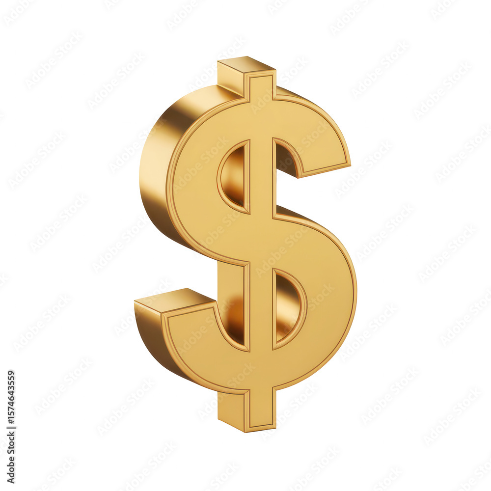Fototapeta premium PNG 3d render, gold dollar sign, shiny metallic symbol, financial concept, currency icon, isolated on white background, high quality, realistic, photorealistic 