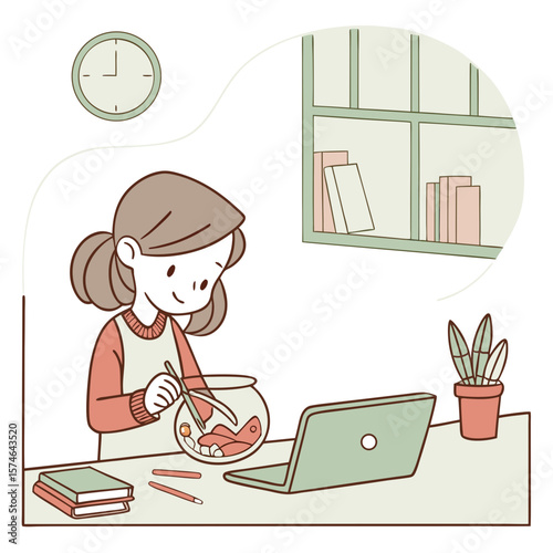 Illustration of a girl feeding fish in a bowl while using a laptop with books and a clock nearby