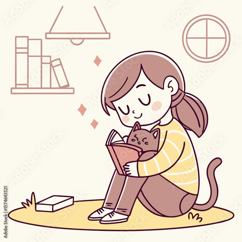 Girl reading a book with a cat sitting on her lap under a lamp with a bookshelf and a round window