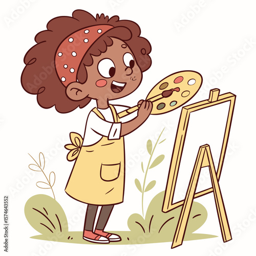 Illustration of a young girl with an apron painting on a canvas with a palette in a whimsical style art scene