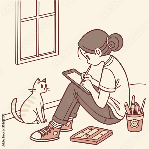 A girl drawing on a tablet with a stylus near a window and a cat with drawing supplies on the floor