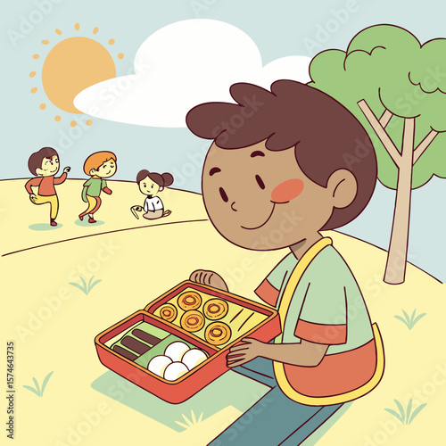 A boy with a lunchbox at a picnic with friends under the sun and a tree in a cartoon illustration