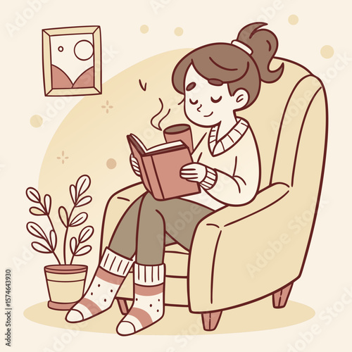 A woman sitting in a chair reading a book with a cup of coffee and a plant and a picture on the wall