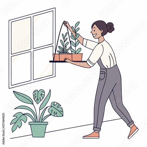 A woman carrying a hanging plant shelf near a window with a potted plant on the floor indoors scene