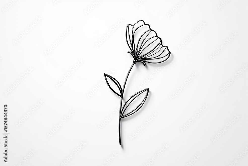 Obraz premium A delicate black outline flower with leaves isolated on white