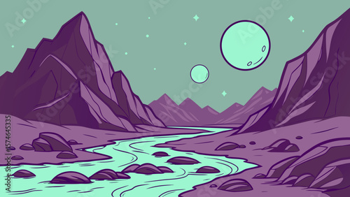Bioglowing purple mountain hills on alien planet, floating crystalline rocks, double moons in teal sky, neon river valleys, sci-fi concept art, digital painting