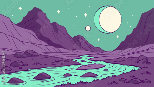 Bioglowing purple mountain hills on alien planet, floating crystalline rocks, double moons in teal sky, neon river valleys, sci-fi concept art, digital painting