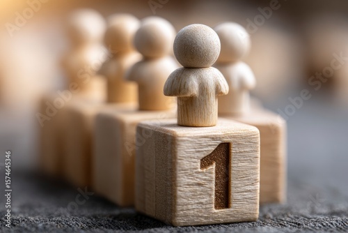 Wooden figures stand on blocks a prominent block with the number 1 stands out