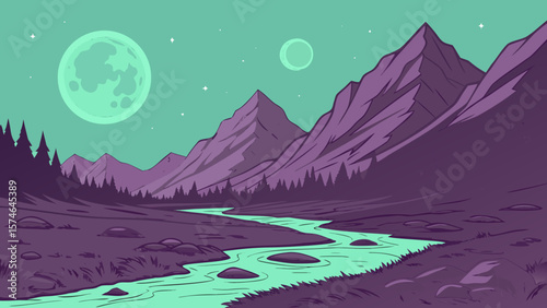 Bioglowing purple mountain hills on alien planet, floating crystalline rocks, double moons in teal sky, neon river valleys, sci-fi concept art, digital painting