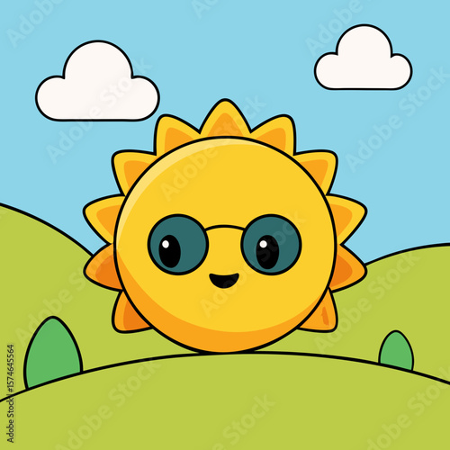 Cartoon sun character wearing glasses with hills and clouds  