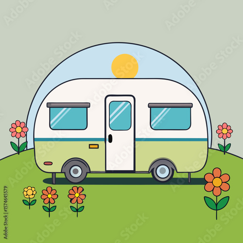 Vintage camper trailer surrounded by flowers on sunny hillside  