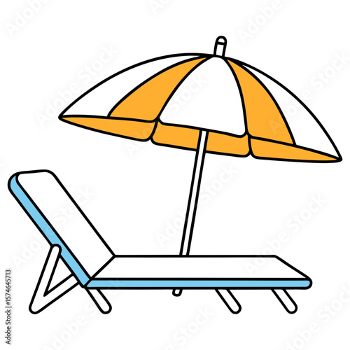Beach lounge chair with orange and white umbrella on summer day  