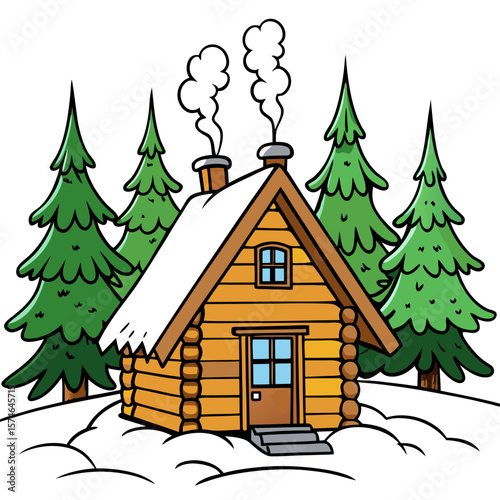 Cozy cabin in snowy forest with smoke rising from chimney  