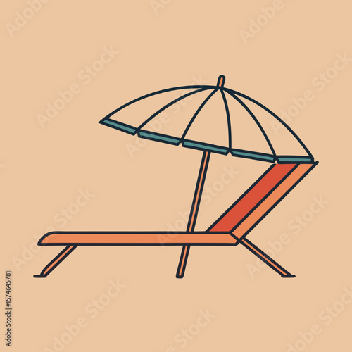 Beach lounge chair with umbrella on a pastel background  
