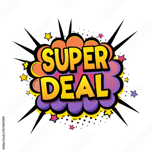 "Super deal" text in comic book style illustration in vibrant colors, isolated vector image on transparent background  