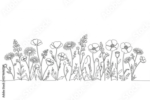 Blooming wildflowers are illustrated with delicate line art for a simple, elegant botanical design that evokes nature and springtime freshness.