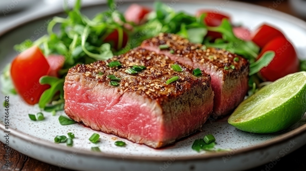 Seared steak with salad and lime Seared steak with salad and lime