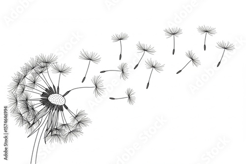 Dandelion seed dispersal art features wispy seeds drifting in the wind, a botanical graphic ideal for spring and nature design projects.