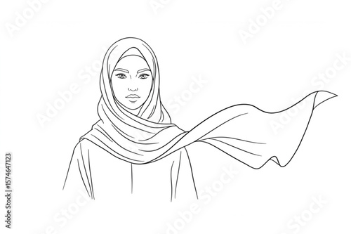 A graceful depiction of a woman wearing a hijab, flowing beautifully in a minimalist, line art style, for elegant logo designs and fashion.