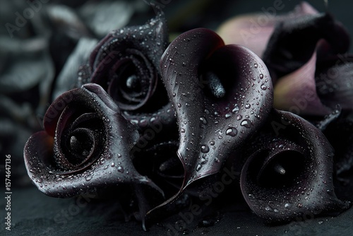 Black roses and calla lilies with dewdrops, placed in deep darkness, evoke sorrow and quiet melancholy.
