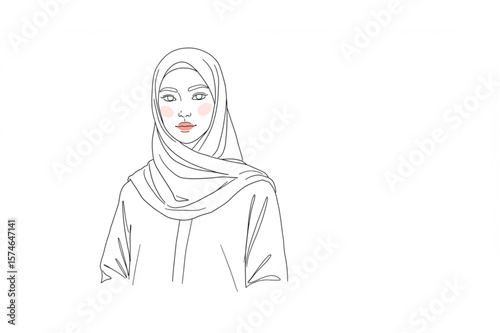 Line art fashion illustration of a woman wearing a hijab scarf, minimal style, perfect for beauty, fashion, and cultural designs.