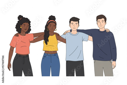 Group of diverse friends embracing, showing unity, perfect for friendship themes and social connection designs, celebrating togetherness.