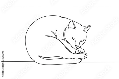 Simple continuous line graphic of a curled up feline is perfect for logos, branding, and minimalistic designs featuring domestic animals.