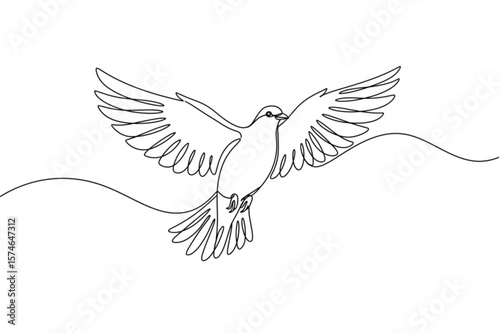 Graceful dove soars in continuous line art, embodying freedom and peace, perfect for simple logos and elegant graphic designs.